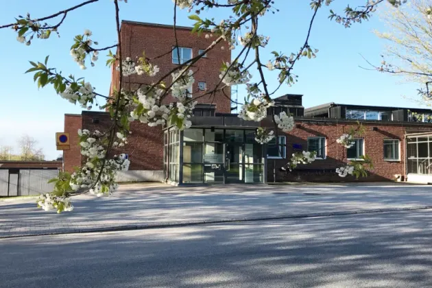 the entrance to the Centre. spring flowers in foreground. photo