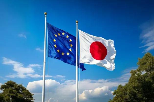 eu flag and japan flag. Ai generated image.